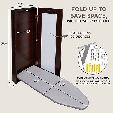 Ivation Wall-Mounted Ironing Board, & Ironing Board Cover W/ Mirror
