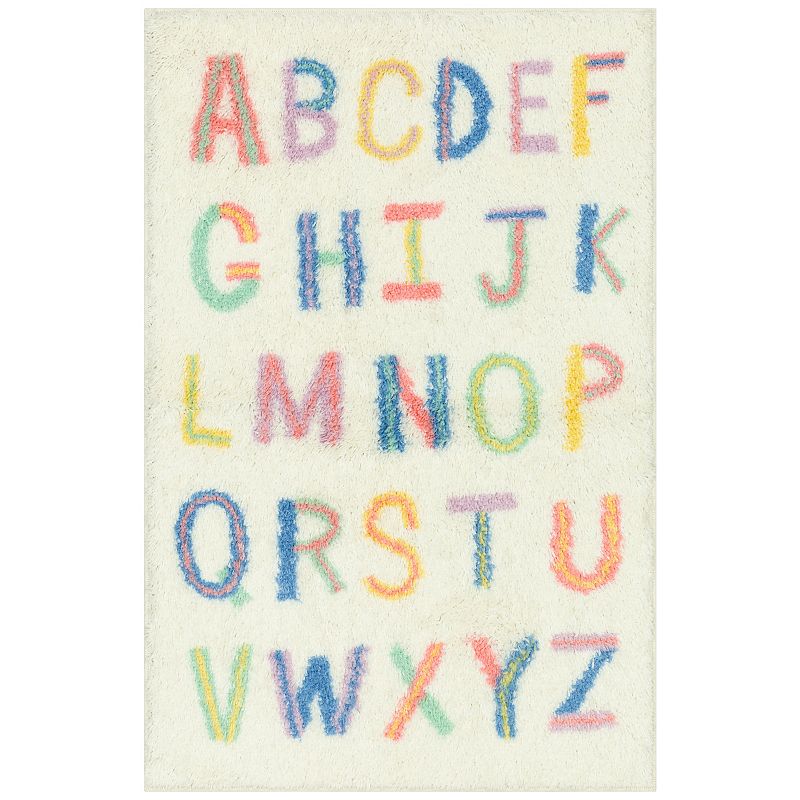 The Big One Big One Kids Alphabet Shag Area and Washable Throw Rugs, White,