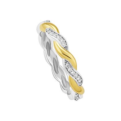 PRIMROSE Two Tone Sterling Silver Cubic Zirconia Twisted Band Ring