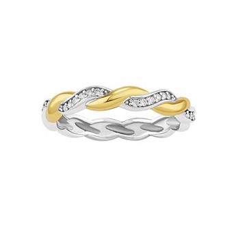 PRIMROSE Two Tone Sterling Silver Cubic Zirconia Twisted Band Ring