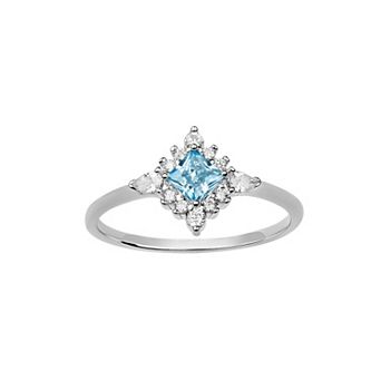 PRIMROSE Sterling Silver Aqua Cubic Zirconia Starburst Halo Ring