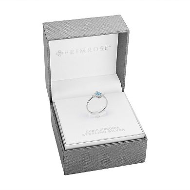 PRIMROSE Sterling Silver Aqua Cubic Zirconia Starburst Halo Ring