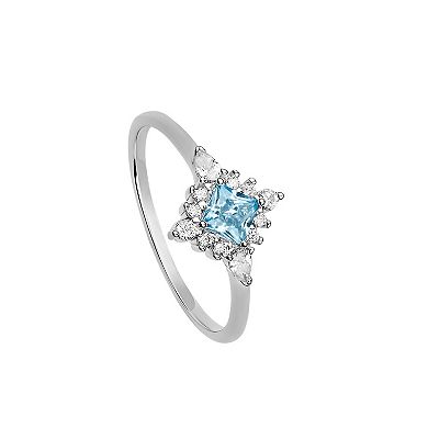 PRIMROSE Sterling Silver Aqua Cubic Zirconia Starburst Halo Ring