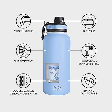BOZ Stainless Steel Water Bottle XL (1 L / 32oz) Wide Mouth, BPA Free, Vacuum Double Wall Insulated (Pink Blush)