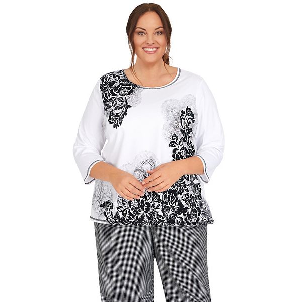 Plus Size Alfred Dunner Checking In Black and White Floral Soft Knit Top