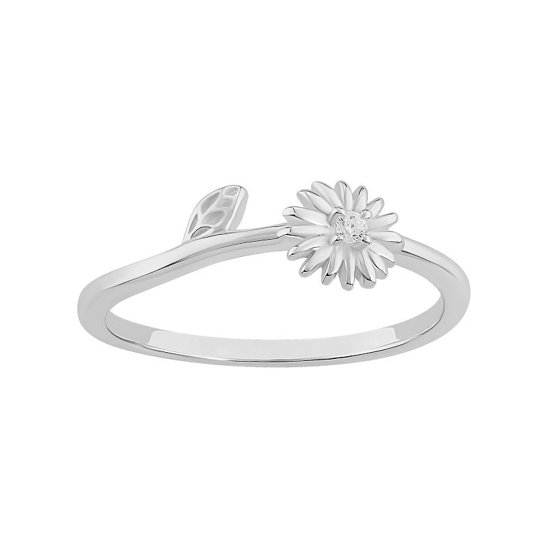 PRIMROSE Sterling Silver Cubic Zirconia Flower & Leaf Band Ring, Womens, S