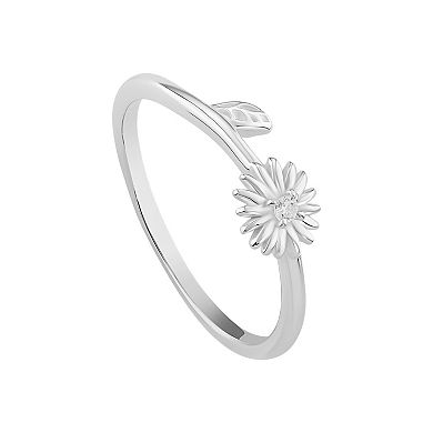 PRIMROSE Sterling Silver Cubic Zirconia Flower & Leaf Band Ring