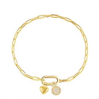 14k Gold Over Silver Heart & Cubic Zirconia Charm Paper Clip Chain Bracelet - 8 in