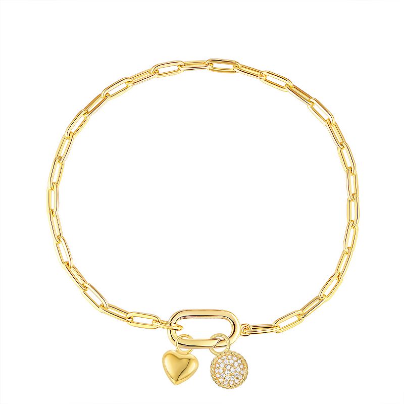 14k Gold Over Silver Heart & Cubic Zirconia Charm Paper Clip Chain Bracelet - 8 in., Women's, Size: 8", Sterling Silver