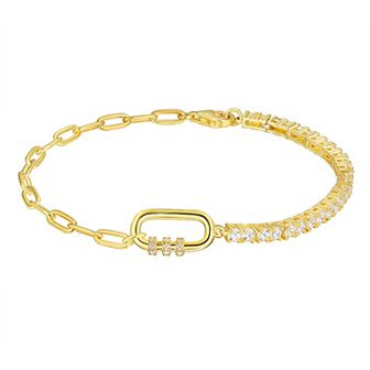 14k Gold Over Silver Cubic Zirconia Tennis & Link Chain Bracelet