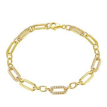 14k Gold Over Silver Cubic Zirconia Link Chain Bracelet - 8 in