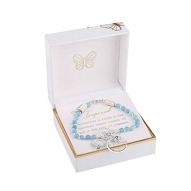 Fine Silver Plated Crystal Blue Beaded Crescent Moon & Butterfly Charm Bracelet