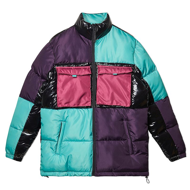 Mens Colorblock Puffer Jacket, Size: Small, Black