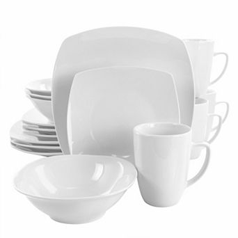 Elama Bishop 16 pc Soft Square Porcelain Dinnerware Set in White