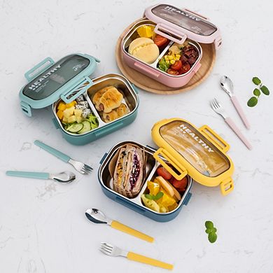 Lille Home 28OZ Stainless Steel Leakproof 2-Compartment Bento Lunch Box/Portion Control Food Container With Lunch Bag And Cutlery Set