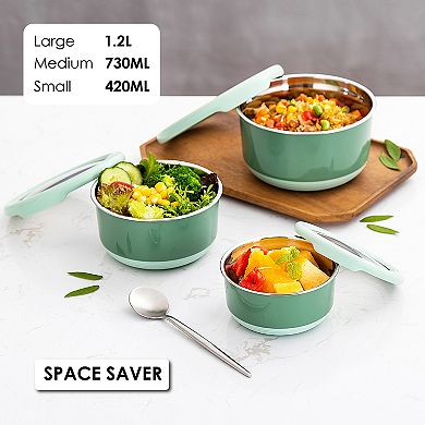 Lille Home Premium Stainless Steel Food Containers/Leakproof Bento Lunch Box With Anti-Slip Exterior, Set of 3, 420ML, 730ML,1.2L