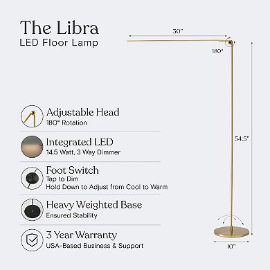 Brightech Libra 54.5" Modern Minimalist LED Floor Lamp in Gold with Adjustable Color Temperature