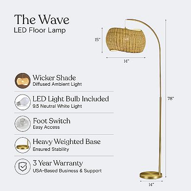 Brightech Wave Pendant 81" Led Arc Floor Lamp With Wicker Shade