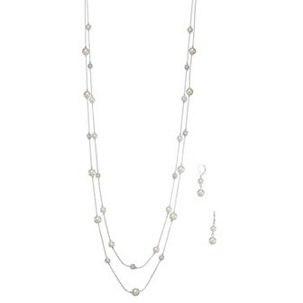 You're Invited Silver Tone Simulated Pearl Double-Strand Necklace & Drop Earrings Set