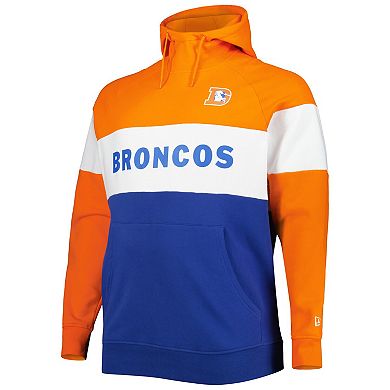 Men's New Era Orange/Royal Denver Broncos Big & Tall Throwback Colorblock Fleece Raglan Pullover Hoodie