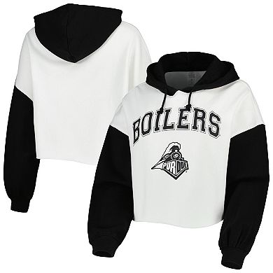 Women's Gameday Couture White/Black Purdue Boilermakers Good Time Color Block Cropped Hoodie