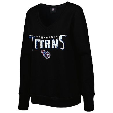 Women's Cuce Black Tennessee Titans Sequin Logo V-Neck Pullover Sweatshirt