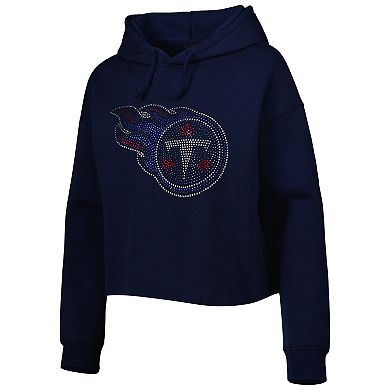 Women's Cuce Navy Tennessee Titans Crystal Logo Cropped Pullover Hoodie