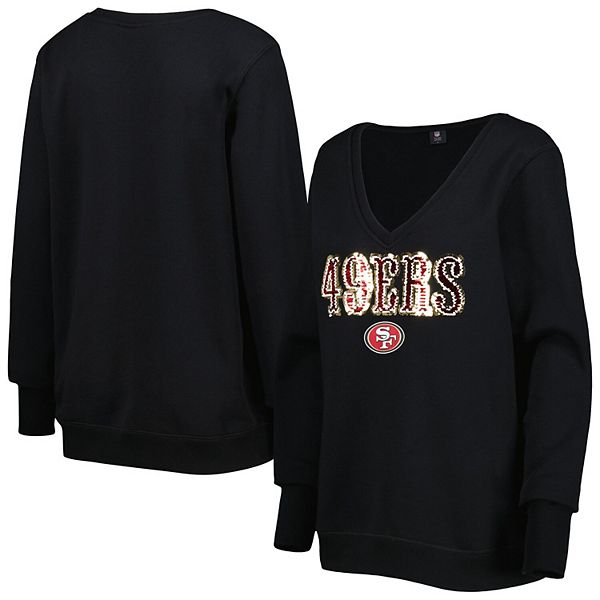 Women's Cuce Black San Francisco 49ers Sequin Logo V-Neck Pullover  Sweatshirt