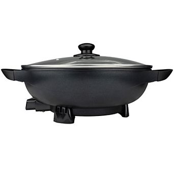 Brentwood 13 in Non-Stick Flat Bottom Electric Wok Skillet with Vented Glass Lid in Black