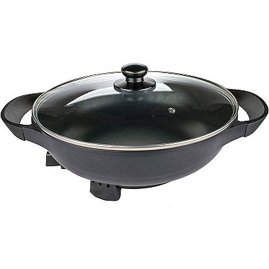 Brentwood 13in Non-Stick Flat Bottom Electric Wok Skillet with Vented Glass Lid in Black