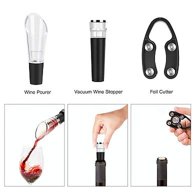 Brentwood Electric Wine Bottle Opener with Foil Cutter, Vacuum Stopper, and Aerator Pourer in Silver