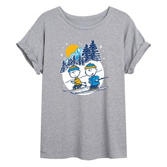 Juniors' Peanuts Charlie Brown & Linus Skiing Oversized Tee