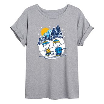 Juniors' Peanuts Charlie Brown & Linus Skiing Oversized Tee