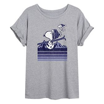 Juniors' Peanuts Snoopy & Woodstock Ski Stripes Oversized Tee