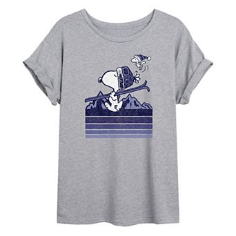Juniors' Peanuts Snoopy & Woodstock Ski Stripes Oversized Tee