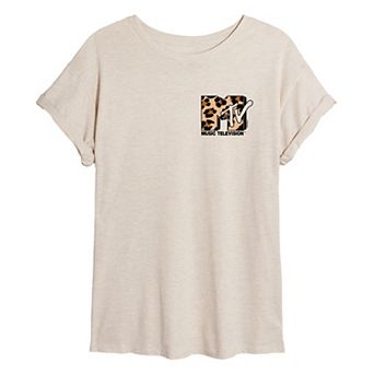 Juniors' MTV Logo Leopard Badge Oversized Tee