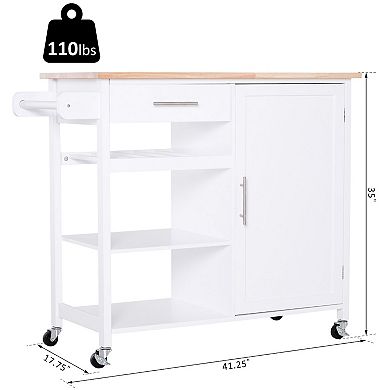 HOMCOM 4 Tier Rolling Kitchen Island Utility Trolley Serving Cart Kitchen Storage Cart w/ Butcher Block Countertop Drawer White
