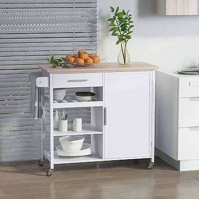 HOMCOM 4 Tier Rolling Kitchen Island Utility Trolley Serving Cart Kitchen Storage Cart w/ Butcher Block Countertop Drawer White