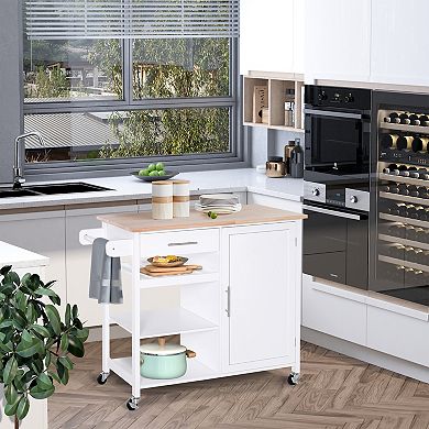 HOMCOM 4 Tier Rolling Kitchen Island Utility Trolley Serving Cart Kitchen Storage Cart w/ Butcher Block Countertop Drawer White