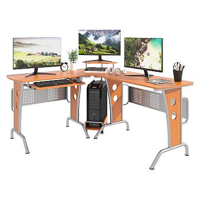 HOMCOM L-Shaped Corner Computer Desk PC Table Workstation with Keyboard Tray
