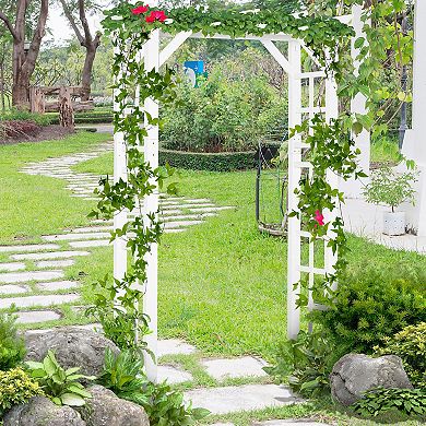 Outsunny 7' Wood Steel Outdoor Garden Arched Trellis Arbor with Natural Fir Wood and Side Panel Climbing Vines White