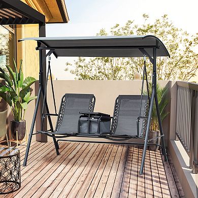 Outsunny 2 Person Covered Porch Swing with Pivot Storage Table Cup Holder and Adjustable Overhead Canopy Grey