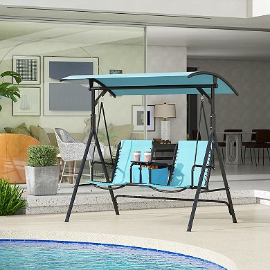 Outsunny 2 Person Covered Porch Swing with Pivot Storage Table Cup Holder and Adjustable Overhead Canopy Grey