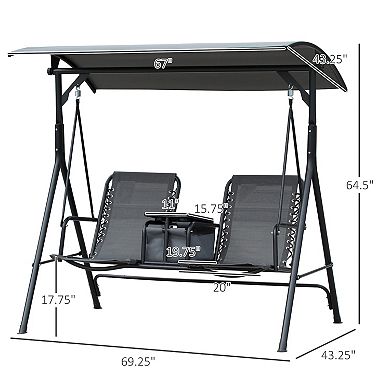 Outsunny 2 Person Covered Porch Swing with Pivot Storage Table Cup Holder and Adjustable Overhead Canopy Grey