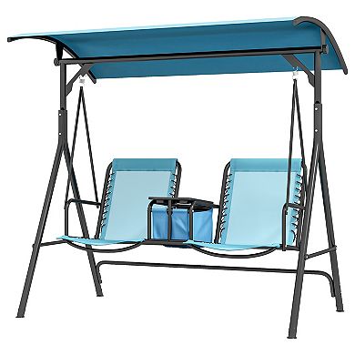 Outsunny 2 Person Covered Porch Swing with Pivot Storage Table Cup Holder and Adjustable Overhead Canopy Grey