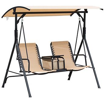 Outsunny 2 Person Porch Swing With Canopy, Storage Table, Cup Holder