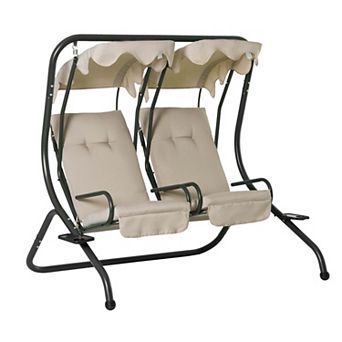 2-seater Outdoor Patio Swing Chair W/ Removable Canopy & Cup Holder, Beige