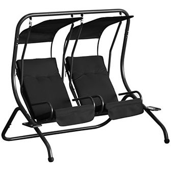 2-seater Outdoor Patio Swing Chair W/ Removable Canopy & Cup Holder, Beige