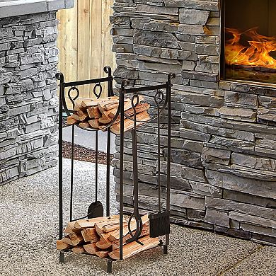 Outdoor 2-tier Fireplace Log Rack 18" Firewood Holder W/ Poker, Tongs, Hooks