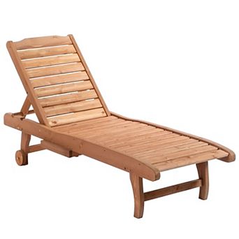 Wood Chaise Lounge Adjustable Recliner Lawn Sunbath Pullout Tray W/2 Wheels
